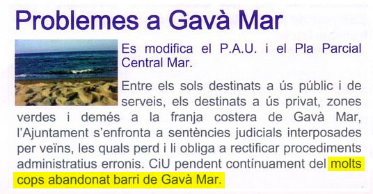 Noticia publicada en la portada del último número de la publicación "La CiUtat" donde CiU de Gavà denuncia los problemas urbanísticos en Gavà Mar